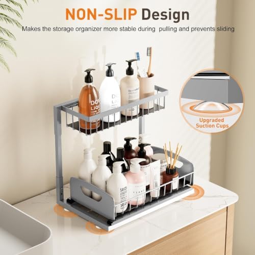 Under Kitchen Sink Organizer, Metal Pull Out Bathroom Organizers and Storage, 2-Tier Cabinet Organizer Shelf with Sliding Drawer, Home Organization for Kitchen, Laundry, Pantry, Light Grey, 2 pack