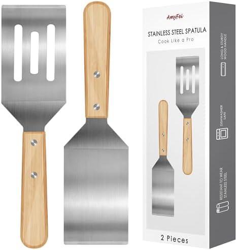 2PCS Stainless Steel Spatula,Wooden Handle Metal Spatula for Steak,Burgers