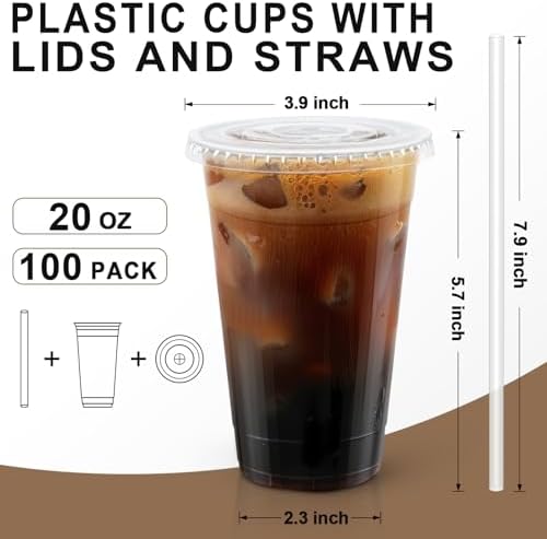 Lamosi 100 Pack 20 oz Plastic Coffee Cups with Lids, Disposable Clear Cups