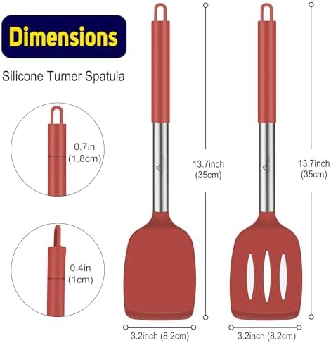 HOTEC Silicone Spatula Set of 2 Heat-Resistant 600°F & BPA-Free Kitchen SaptulaTurner with Stainless Steel Handles, Slotted & Solid Spatulas for Nonstick Cookware, 13.7 Inch, Red