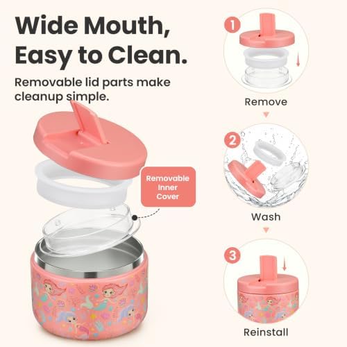 Pawtong 12oz Insulated Vacuum Food Jar with Buckle Lid Wide Mouth Soup Thermo for Hot Food Kids Leakproof Stainless Steel Lunch Container (mermaid)