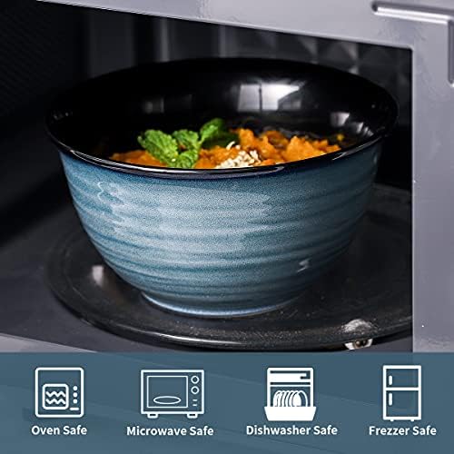 HASENSE Soup Bowls for Kitchen, 40 Ounce Large Cereal Bowls, 7 Inch Ceramic Serving Bowls for Salad Pasta Soup Popcorn, Dishwasher & Microwave Safe, Set of 4(Blue)