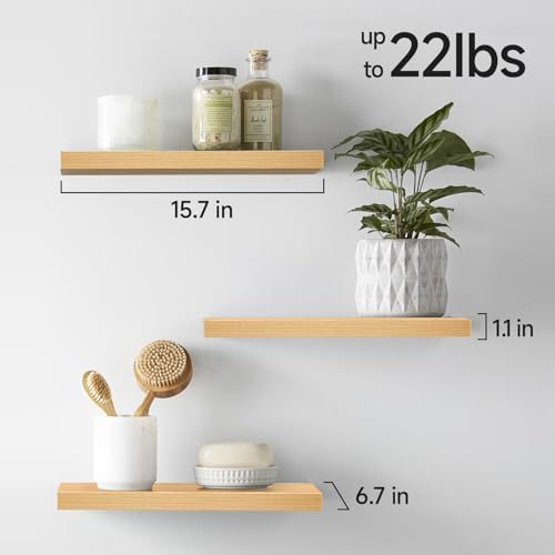 BAYKA Light Oak-Toned Floating Shelves 15.7in, Set of 3, Wall Mounted Shelf
