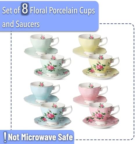 BTaT- Floral Tea Cups and Saucers, Set of 8, 8 oz
