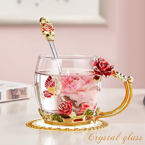 Tea Cup Glass Coffee Enamels Mug Gifts for Mom Women Christmas Birthday