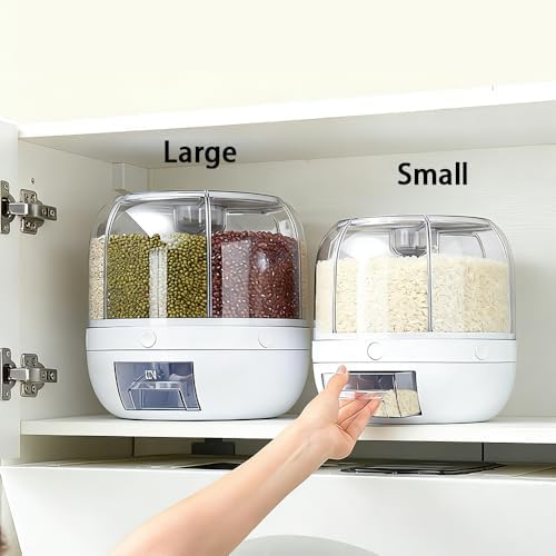Rotating Grain Storage Bin 6 Grids Rice Container One-Click Output Large Capacity Food Dispenser For Rice Grains Sealed Moisture Proof Organizer (Grey) (Large)