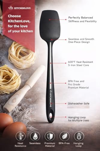KITCHENLOVE Premium 600°F Heat Resistant 5 Piece Silicone Spatula Set for Baking, Cooking, Mixing - Non-Stick with High Grade S-Iron Steel Core - One Piece Seamless Design - BPA Free (Black)