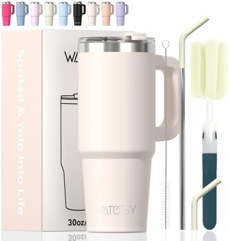 30 oz Tumbler with Handle,Tumbler with Lid and Straw,Double Wall Insulated Cup Stainless Steel Travel Mug(Cold for 34 Hours),Water Bottle for Iced Tea,Coffee,Cold Beverages(Ivory Beige)