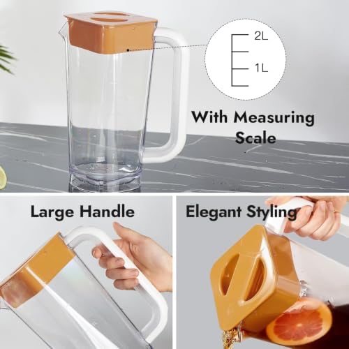 CURTA 2 Pack Plastic Pitcher with Lid, 2L Heavy-Duty Shatterproof Pitchers Clear Water Pitcher with Handle for Lemonade, Coffee,Iced Tea, Milk, Juice, Beverages