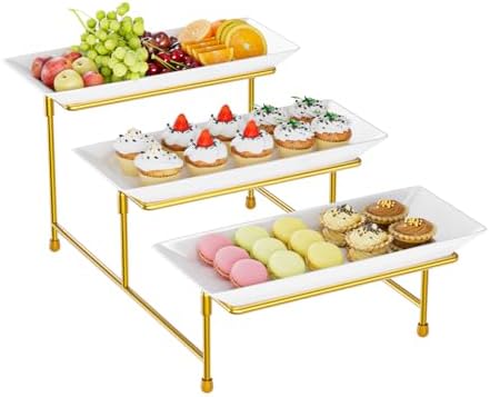 Abiglifty 3 Tier Serving Tray, 12'' Steel Stand, Tiered Platter, Gold