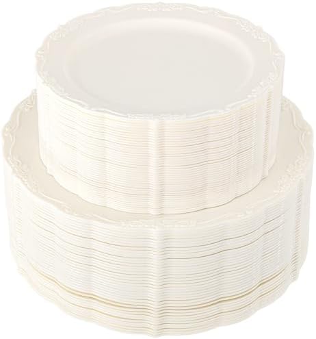 U-QE 100 Pcs Ivory Plastic Plates for Party - Ivory Disposable Plates