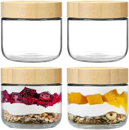 NETANY 4-pack 8oz Glass jars with Airtight Lids, Overnight Oats Containers with Bamboo Lids, Wide mouth Mason Salad jars, Glass Food Storage Containers for Snacks Yogurt Spice Sugar