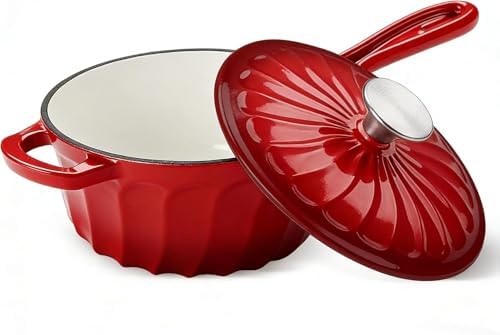 1 Quart Saucepan with Lid, Enameled Cast Iron Sauce Pan, Heavy Duty Small Pots for Cooking Pasta Sauce, Soup, Milk, Oven Safe up to 500°F (Red)