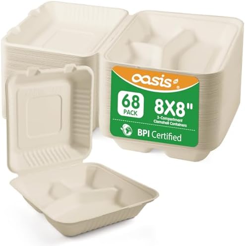 8x8 Inch 68 Pack 3-Compartment Clamshell Take Out Food Containers, Compostable Disposable Paper To Go Boxes with Lids, Heavy Duty Sugarcane Bagasse Containers for Meals & Sides, Natural