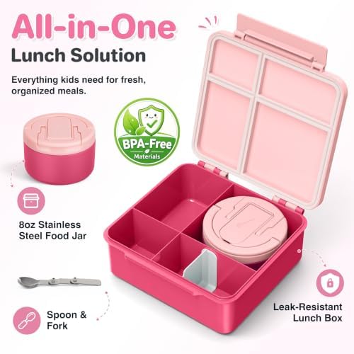 Bento Lunch Box for Kids with 8oz Soup Thermo,Kids Leakproof Lunch Food Containers with 4 Compartment,Kid Insulated Thermo Hot Food Jar for School,Trvael-Pink