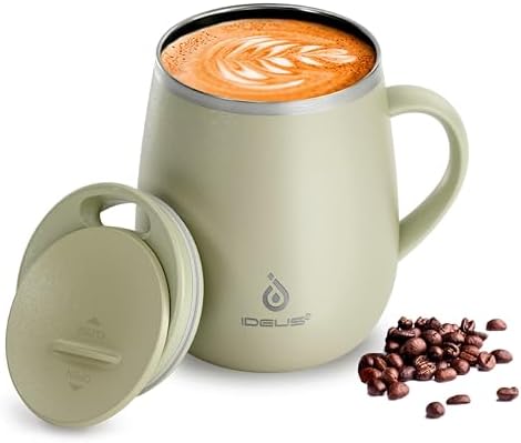 Ideus 16 oz Insulated Coffee Mug with Lid and Handle (Celadon, FUJI DAWN)