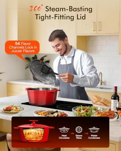 Nuwave Lux 6QT Enameled Cast Iron Dutch Oven Pot, Cast Iron Knob, Crimson