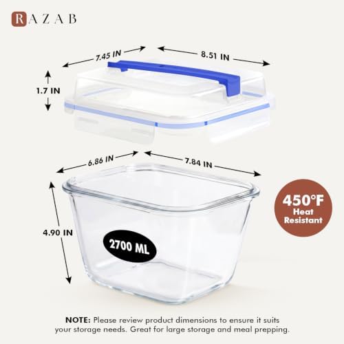 Razab 2700ml / 91oz / 11.5 Cups Large Glass Food Storage Container with Lid - Leakproof Glass Meal Prep Container for Roasting & Storing Leftovers, Glass Lunch Container, Microwave & Oven Safe