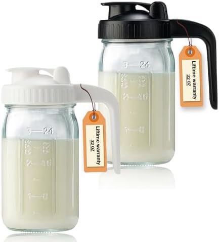 32oz Glass Pitcher with Lid & V-shaped Pour Spout - 1 Quart Double Leak Proof, Creamer Container for Sun Tea, Juice, Cold Brew Coffee, Breastmilk Storage Container