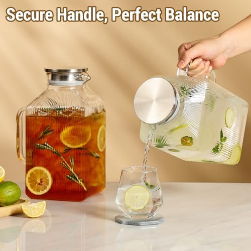 2 Pack 1 Gallon thickened Square Glass Pitcher with Lid, Classic Stripes Water Pitchers for Fridge, Borosilicate Glass Carafe for Hot/Cold Brew Drink, Extra Large Jug with Handle for Iced Tea, Coffee