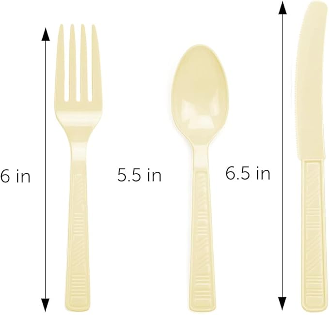 DecorRack Plastic Cutlery Set, Cream Colored Plastic Silverware Sets for Parties, 96 Piece Bulk Heavy Duty Utensils (Cream, 96 Pieces)