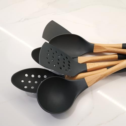 Beille 1pc Grey Nylon Skimmer Spoon with Soft Grip Ergonomic Wooden Handle Kitchen Utensils, 13 Inch