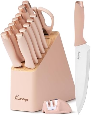 Knife Set, 15 PCS Pink Knife Block Set with 2-Step Sharpener