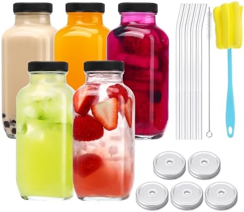 CUCUMI 5pcs 16oz Glass Juice Bottles with Lids