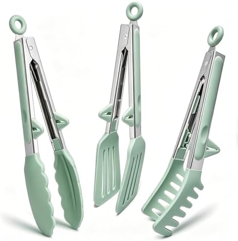 9" Kitchen Tongs for cooking with Silicone Tips, 3Pcs Serving Tongs, Green