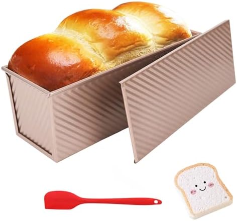 Pullman Loaf Pan with Lid 13x4 Inch, 2.2lb Dough Capacity for Homemade Bread, Non-stick Corrugated Carbon Steel Bread Toast Box with Cover for Bakeware, Sandwich & Toast Oven Baking, Gold