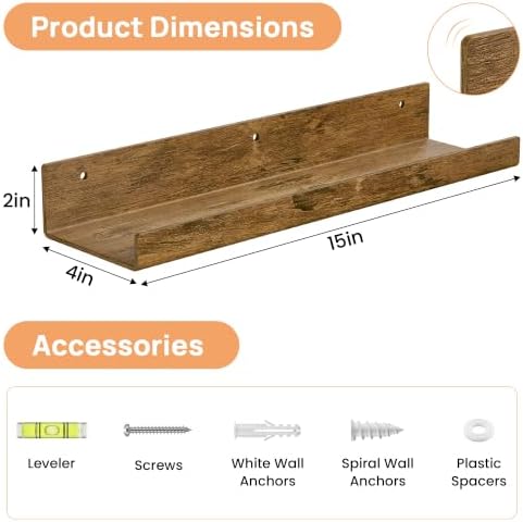 upsimples 4 Pcs 15" Acrylic Shelves for Wall Decor and Display, Rustic Wood