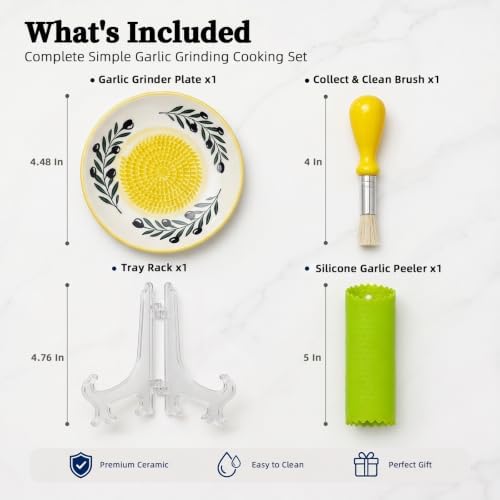 Ceramic Garlic Grater Plate Set – Hand-Painted Floral 4-Piece Set with Silicone Peeler, Cleaning Brush & Display Stand – Porcelain Grater Dish for Garlic & Ginger (Yellow)