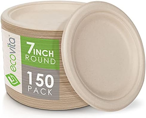Ecovita 100% Compostable Paper Plates [7 in.] – 150 Disposable Plates Eco Friendly Sturdy Tree Free Liquid and Heat Resistant Alternative to Plastic or Paper Plates