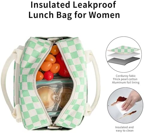 GASSDA Lunch Box for Women Insulated Lunch Bag Women Adult Cute Lunch Bags Reusable Lunchbox Cooler Tote Bag for Work Picnic (Green Plaid)