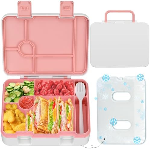 Kids Bento Lunch Box with Ice Pack, 5 Compartments Leak-Proof Bento Box with Utensils, 5.5-Cup Capacity for Adults & Ages 8+, BPA Free, Microwave & Dishwasher Safe, Pink