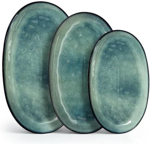 vancasso Ceramic Serving Platters Set of 3, Oval 16/14.7/13.5 Inch Stoneware Serving Dishes for Entertaining, Microwave Safe Serving Trays for Food, Turkey, Cheese, Party, Reactive Glaze Green