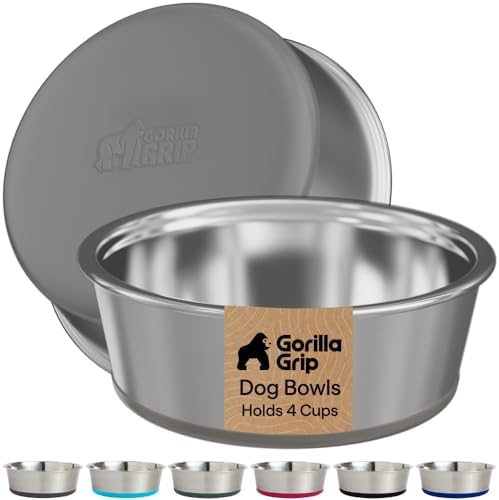 GORILLA GRIP Dog Bowls, Food Grade Stainless Steel, Set of 2, 4 Cup, Gray