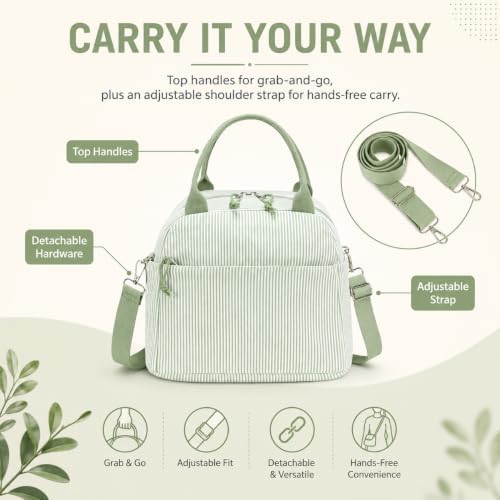 Bluboon Lunch Box for Women Cute Lunch Bag Reusable Insulated Lunch Bags Large Capacity Lunchbox Cooler for Work Picnic or Travel Gifts (A Sage Green White Stripes-13L, 10 x 7.5 x 8 inches)