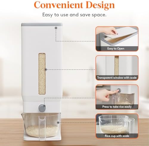 Lifewit Rice Container 29 Lbs, One-Press Dispenser with Measuring Cup 2 Pcs