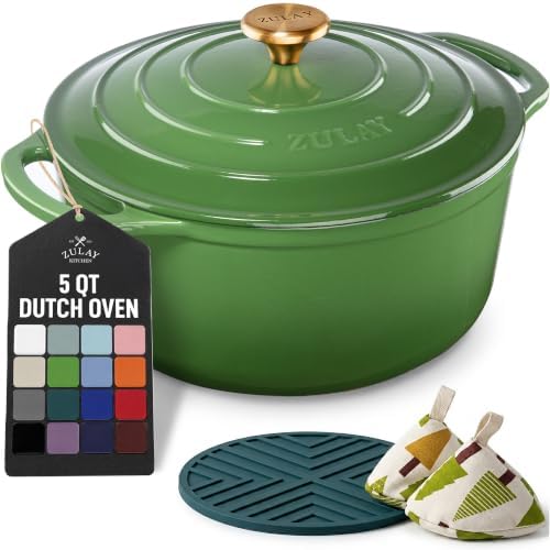 Zulay Kitchen 5 Quart Enameled Cast Iron Dutch Oven Pot with Lid – Premium Durability & Oven Safe up to 500°F – Heavy Duty Cookware Perfect for Bread Baking, Stews, Braising & Roasting – Green