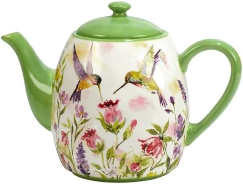 Hummingbirds Ceramic Teapot, 40 oz – Watercolor Floral Bird Design with Lid, Dishwasher & Microwave Safe, Whimsical Tea Pot for Loose Leaf & Bagged Tea, Great for Garden or Bird Lovers