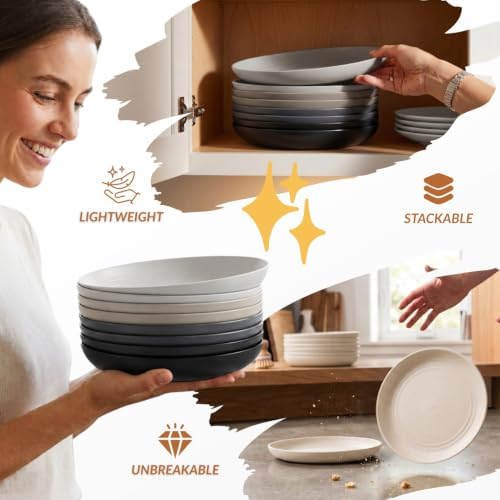 Homienly Deep Dinner Plates Set of 8 Alternative for Plastic Microwave and Dishwasher Safe Wheat Straw Kitchen Unbreakable Kids with 4 Colors (Stone Grey, 8 inch),(Deep plates-8)