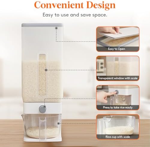 Lifewit Rice Container 26 Lbs, One-Press Dispenser with Measuring Cup