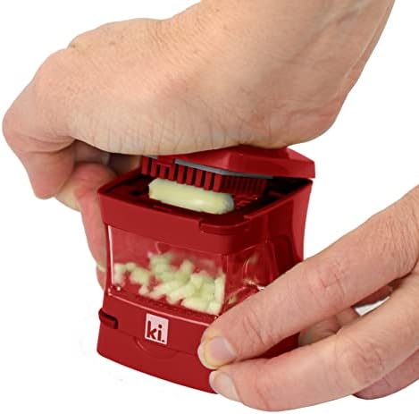 Garlic-A-Peel Garlic Press, Crusher, Cutter, Mincer, and Storage Container - Includes Silicone Garlic Peeler - Easy to Clean - Stainless Steel Blades – (Red), standard
