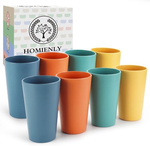 Homienly Reusable Plastic Cups - Wheat Straw Unbreakable Drinking Glasses & Water Glasses | Multi-Color Stackable Plastic Cups, Dishwasher Safe | Glassware & Cup Sets for Kitchen (20 oz 8-Pack)