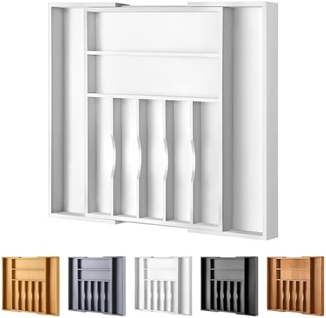 Large Premium Bamboo Silverware Organizer - Expandable Drawer Organizer & Utensil Organizer - 17"x19.7" Cutlery Tray with Dividers for Kitchen Utensils and Flatware (7-9 Slots) (White)