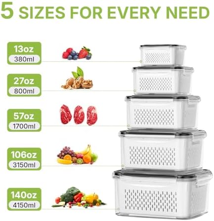 5 Pack Large Fruit Storage Containers for Fridge, Leakproof Produce Containers with Removable Colanders, Dishwasher Safe Fridge Organizers and Storage, Keep Berry, Vegetables Fresh Longer