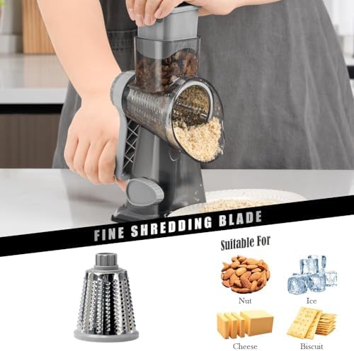 Badelite Cheese Grater Hand Crank Rotating Cheese Shredder Stainless Steel Vegetable Slicer Grater for Kitchen 3 Blades for Cheese, Carrot, Cucumber, Nuts, Chocolate, Dark Grey