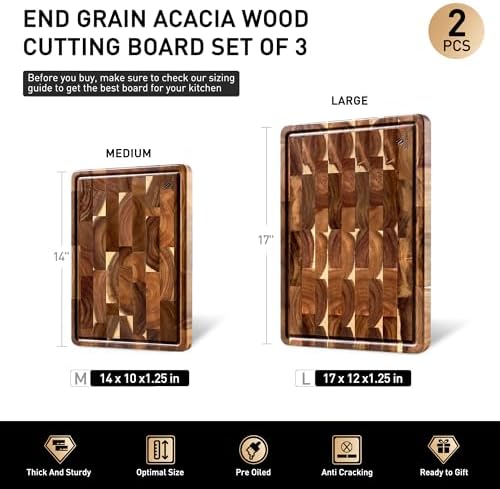 End Grain Cutting Board Set of 2 with Non-slip Feet, Acacia Wood