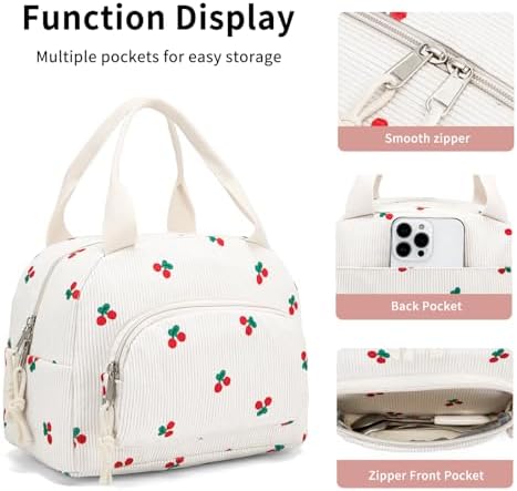 Lunch Bag Women Lunch Box for Women Adult Cute Insulated Lunch Bag Small Cooler Lunch Tote Bags for Work Picnic Travel (Beige-Cherry)